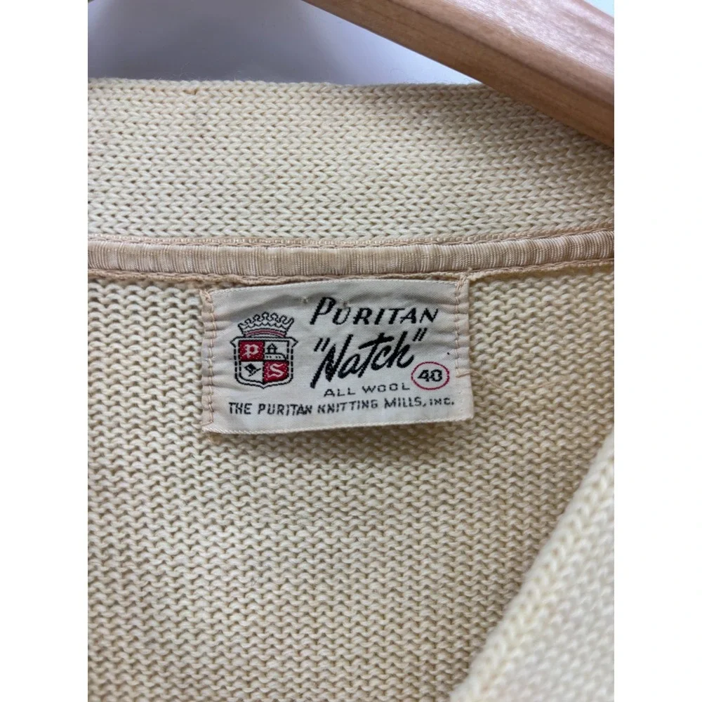 Varsity Natch Cardigan Sweater Mens Beige Wool Muncy Creek Patch 40 Vintage